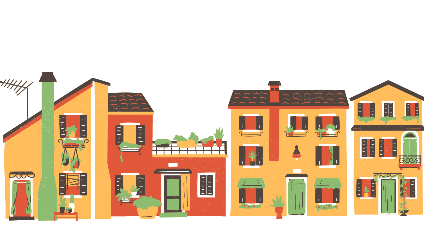 A cartoon image of four different villa-style homes. They are mainly coloured yellow with red, green, and white accents. 