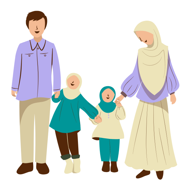 An image of a cartoon family. A white, brown-haired man is on the far left, wearing a purple button-down shirt and beige pants. He is holding the hand of a little white-skinned girl who is wearing a beige hijab, a teal tunic, and dark brown pants. Next to her is another little white-skinned girl, who is wearing a teal hijab, beige tunic, and teal pants. On the far right is a white skinned woman wearing a beige hijab, a purple long puff-sleeved shirt, and a long beige skirt. They all have dark brown shoes. 