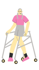 A cartoon image of a white woman using a walker. Her grey hair is in two braids and she is wearing a pink shirt and grey shorts. Her walker is grey and her shoes are pink. 