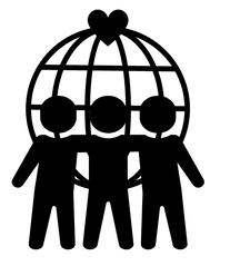 Three cartoon black stick figures with their arms around each other standing in front of a circle with lines of latitude and longitude. There is a black heart at the top of the circle. 