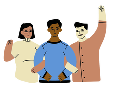 A cartoon image of three dark-haired people linking arms in protest. The person on the far left is a brown woman with glasses. She is wearing a beige turtleneck and has one arm raised in a fist next to her face. To the right of her is a dark-skinned man wearing a blue long-sleeved shirt. On the far right is a  light-skinned man wearing a rust coloured long sleeve shirt with buttons down the middle. His arm is raised in a fist above his head.