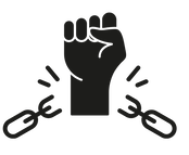 A black cartoon of a fist breaking upwards through chains. 