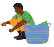 A cartoon image of a dark-skinned man harvesting greens. He is wearing a green shirt, yellow pants, and black boots. There is a blue basket next to him with some greens sticking out of the top. 