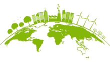 A picture of trees, buildings, factories, wind turbines, and solar panels along the curve of a semi circle. Below the infrastructure is a projection of the world. All of the image is in a light green colour. 