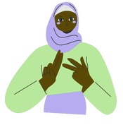 A cartoon Black woman in a purple hijab and a green shirt signing sign language