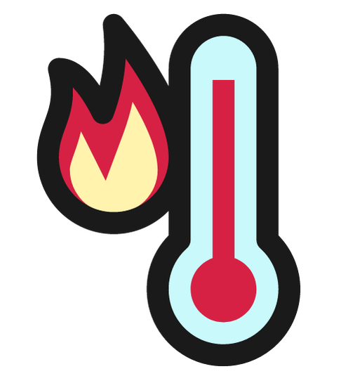 A cartoon thermometer and a cartoon flame on the left of the thermometer. The thermometer is light blue, with a red center for the mercury.