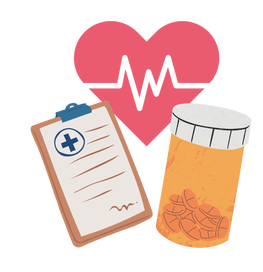 An image of a cartoon medication bottle, a cartoon clipboard with a medical cross on it, and a cartoon heart with an EKG pattern on it. 