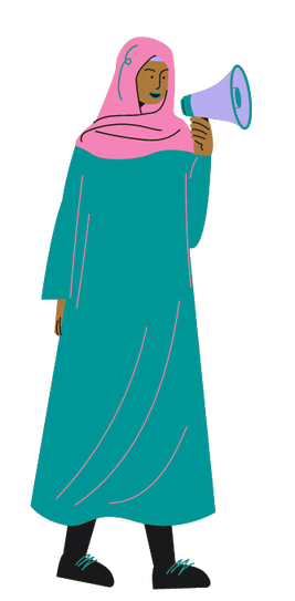 A cartoon image of a woman wearing a pink hijab and teal long-sleeved dress holding a purple megaphone, facing to the right. 