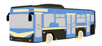 A cartoon transit bus that is coloured a dull light-blue with yellow and grey accents