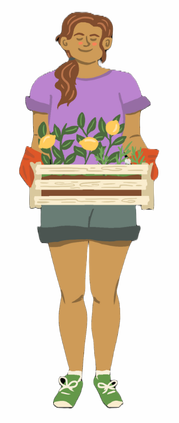 A cartoon image of a woman with a brown ponytail, purple shirt, grey shorts, and green sneakers holding a wooden box with small lemon trees in it. 